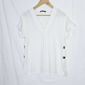 Zara White Cotton/Linen V-Neck Short Sleeves Tunic Women's Blouse Size XS